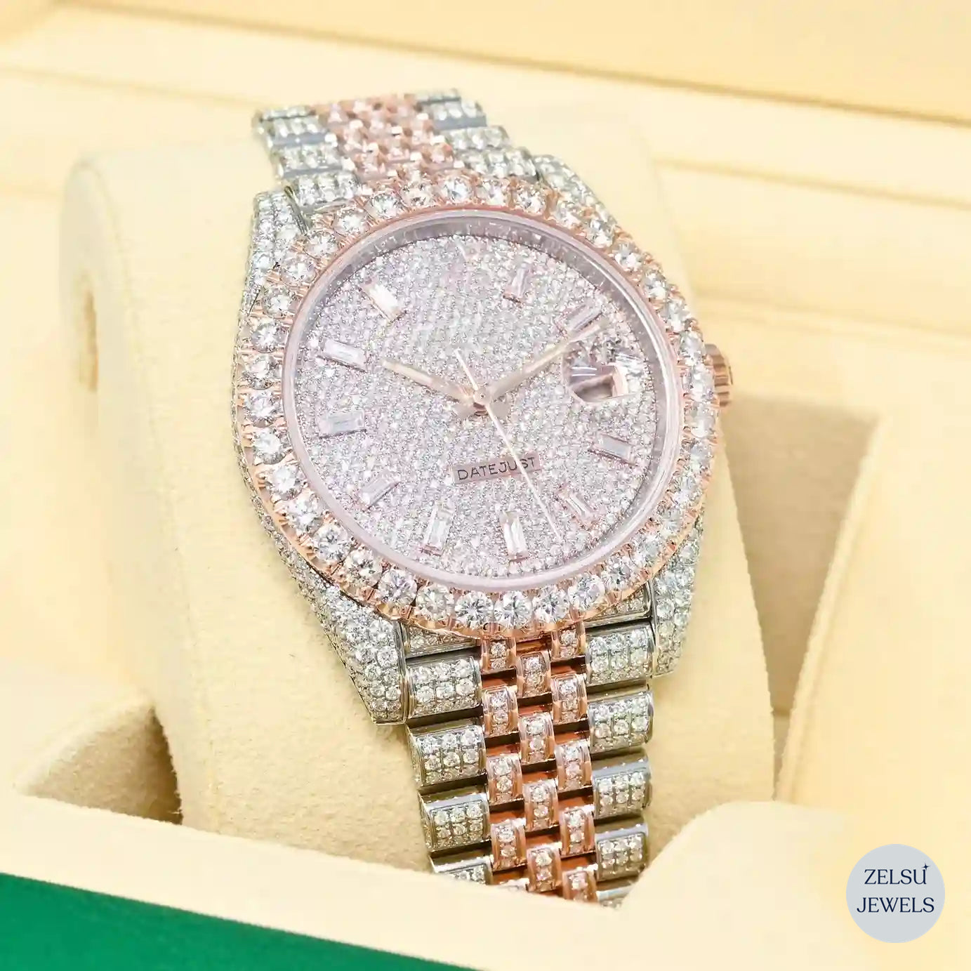 Elegant two-tone Rolex watch with radiant bezel and luxury Swiss movement for ultimate style.