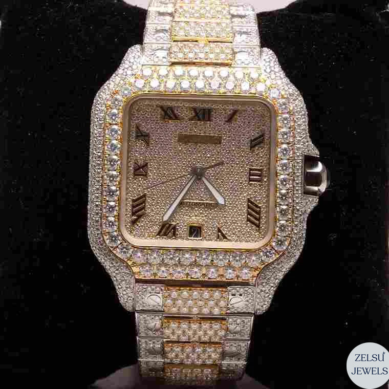 Cartier bust-down watch with dazzling diamonds covering the bezel and strap, perfect for those seeking luxury.