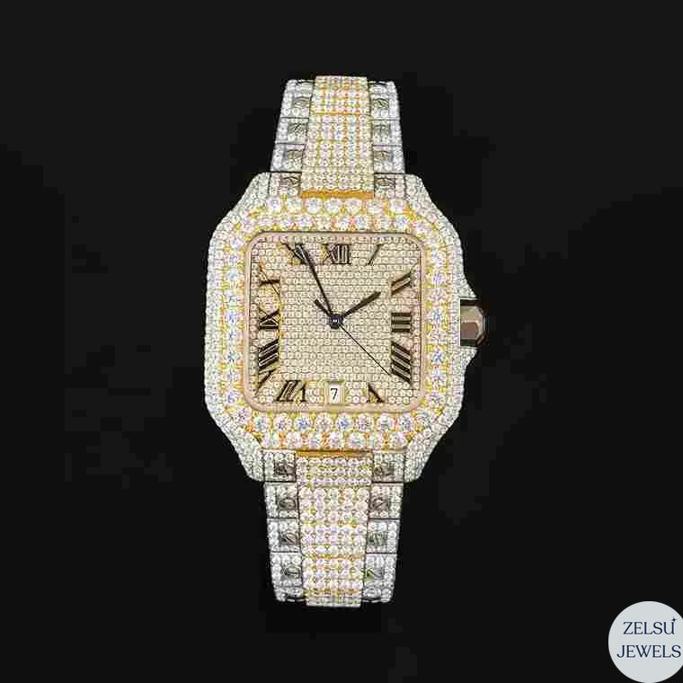 Luxury Cartier watch with full diamond bust-down design, offering an extravagant and eye-catching look.