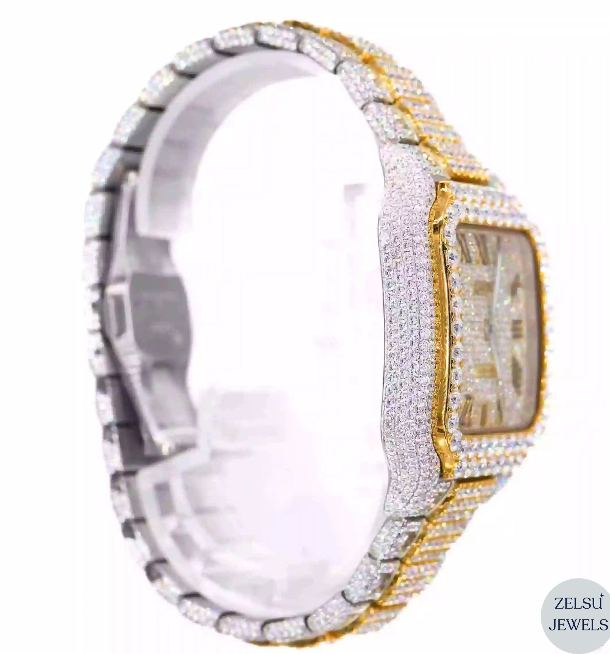 Cartier bust-down watch with full diamond detailing, blending elegance with high-end craftsmanship.