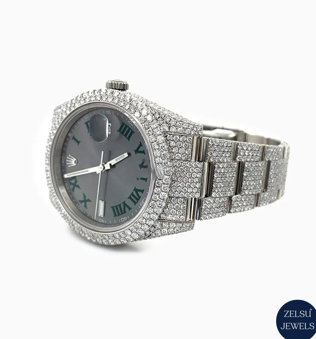 Elegant diamond watch with a sleek black crystal dial and sparkling diamond-encrusted bezel.