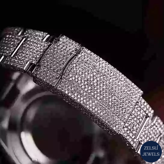 Sophisticated diamond watch with a stunning black crystal face and dazzling diamond details.