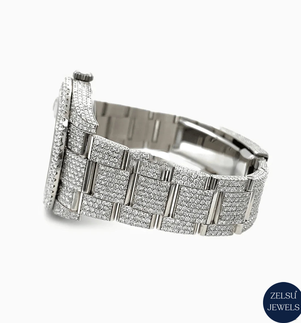 Diamond watch with black crystal dial, offering a striking contrast and luxury craftsmanship.
