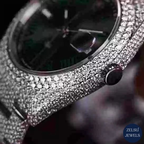 Luxury diamond watch with black crystal dial and radiant diamond details, perfect for bold fashion.