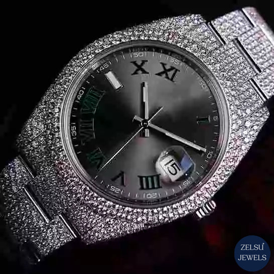 Diamond-encrusted watch with black crystal dial, combining elegance with high-end style.