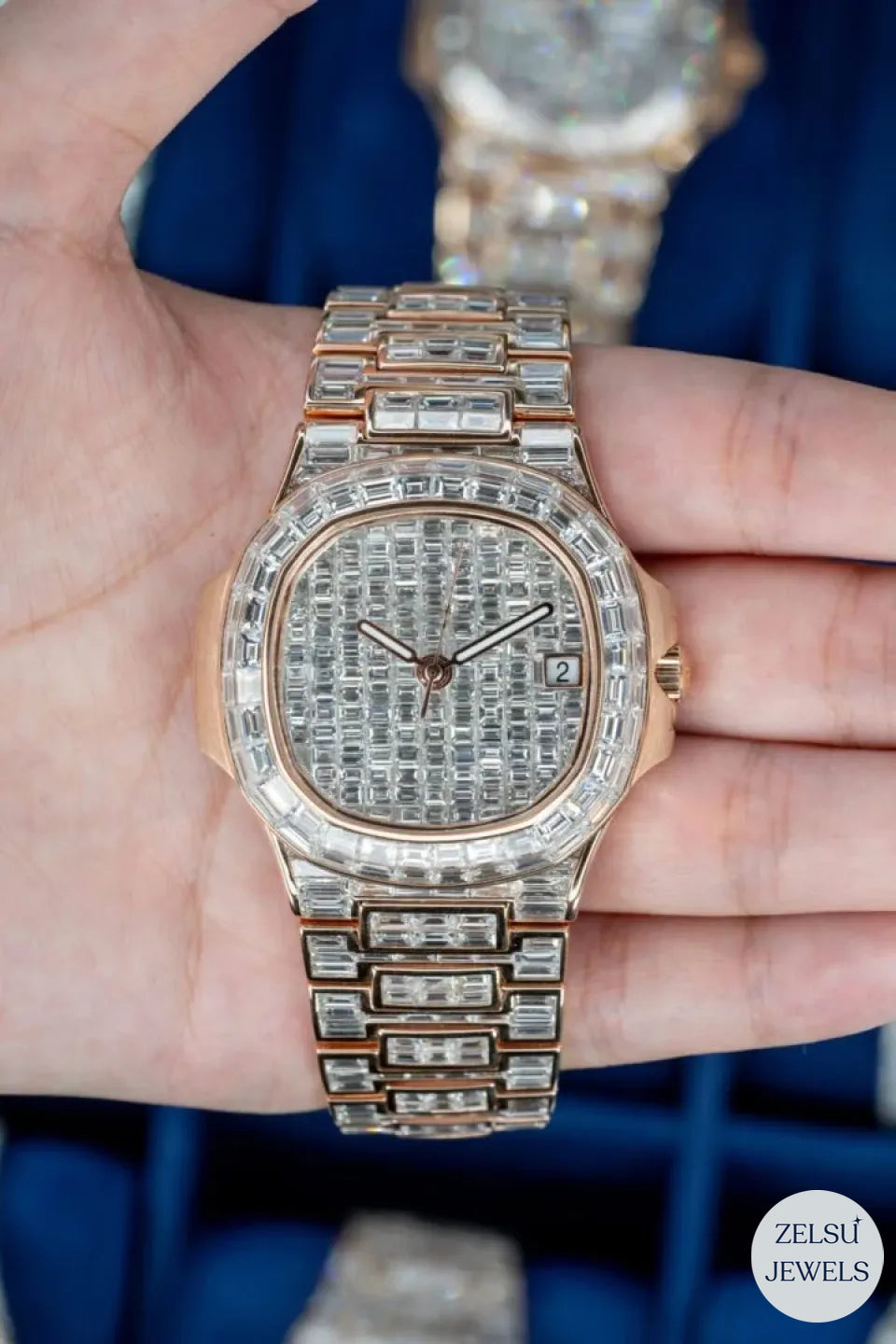 Luxury rose gold emerald diamond bust-down watch, perfect for those seeking a unique, glamorous timepiece.