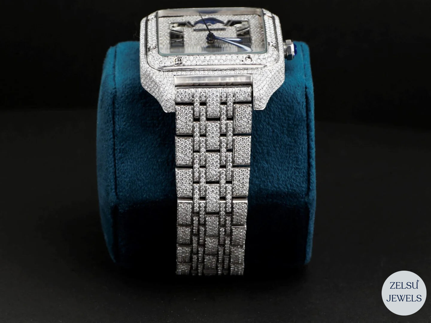 Luxury crystal watch with striking blue crown and intricate design, perfect for a bold, elegant look.