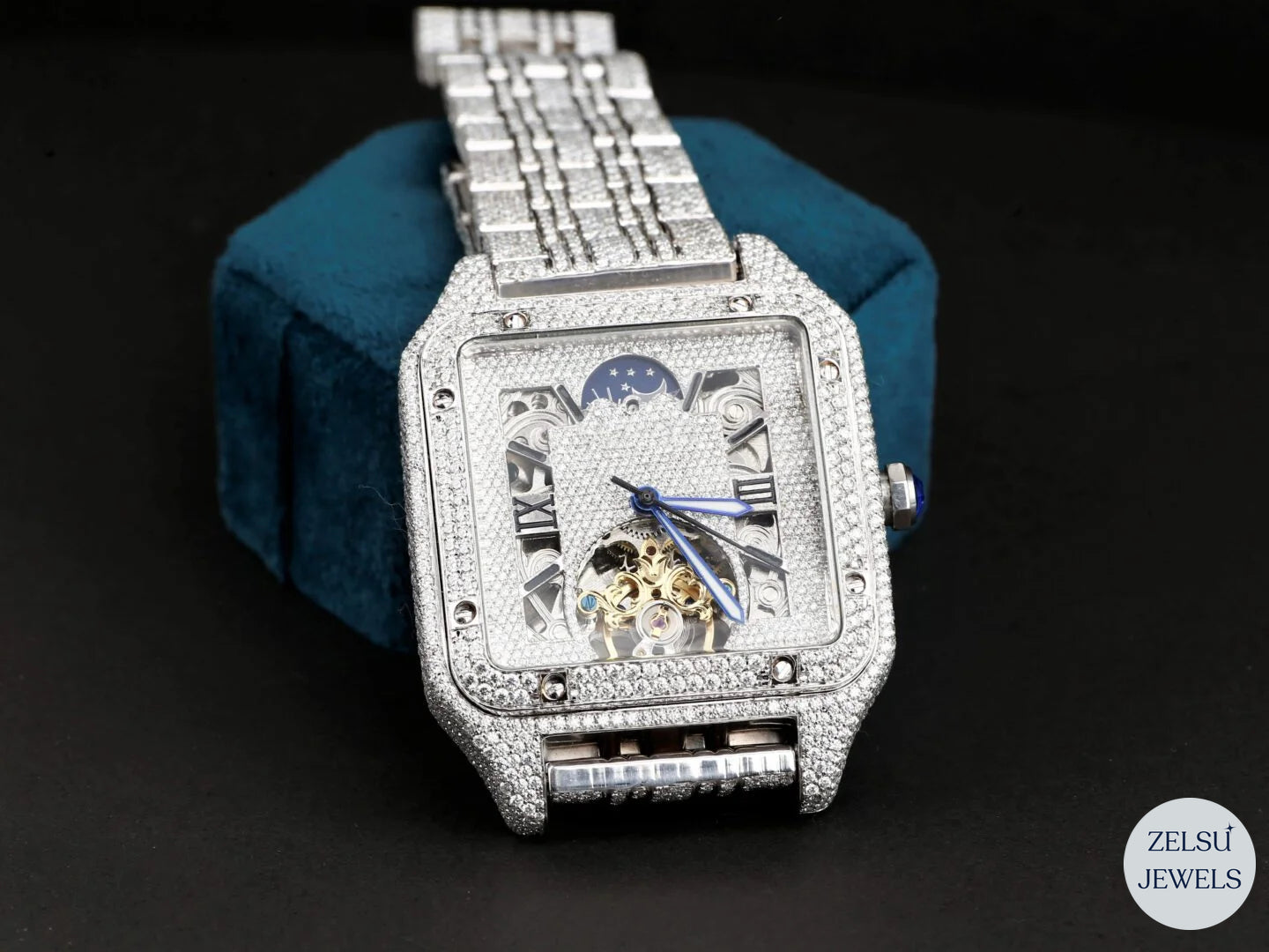 Crystal watch with unique blue crown, blending luxury with contemporary style for an exclusive timepiece.