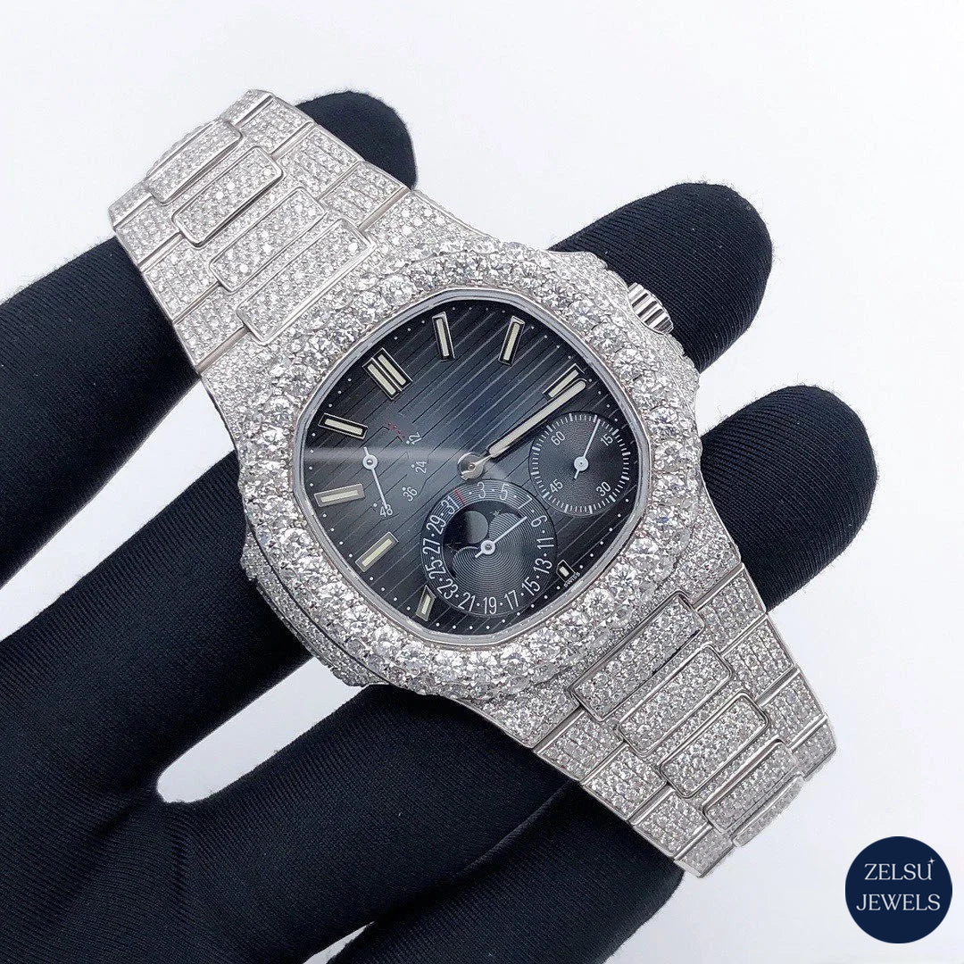 Elegant blue crystal diamond watch featuring a sub-dial and diamond bezel for a sophisticated look.