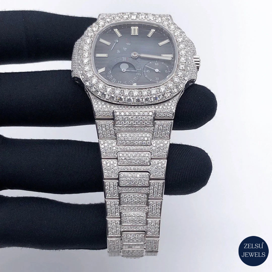 Stunning blue crystal diamond watch with sub-dial and radiant diamond bezel, perfect for luxury lovers.
