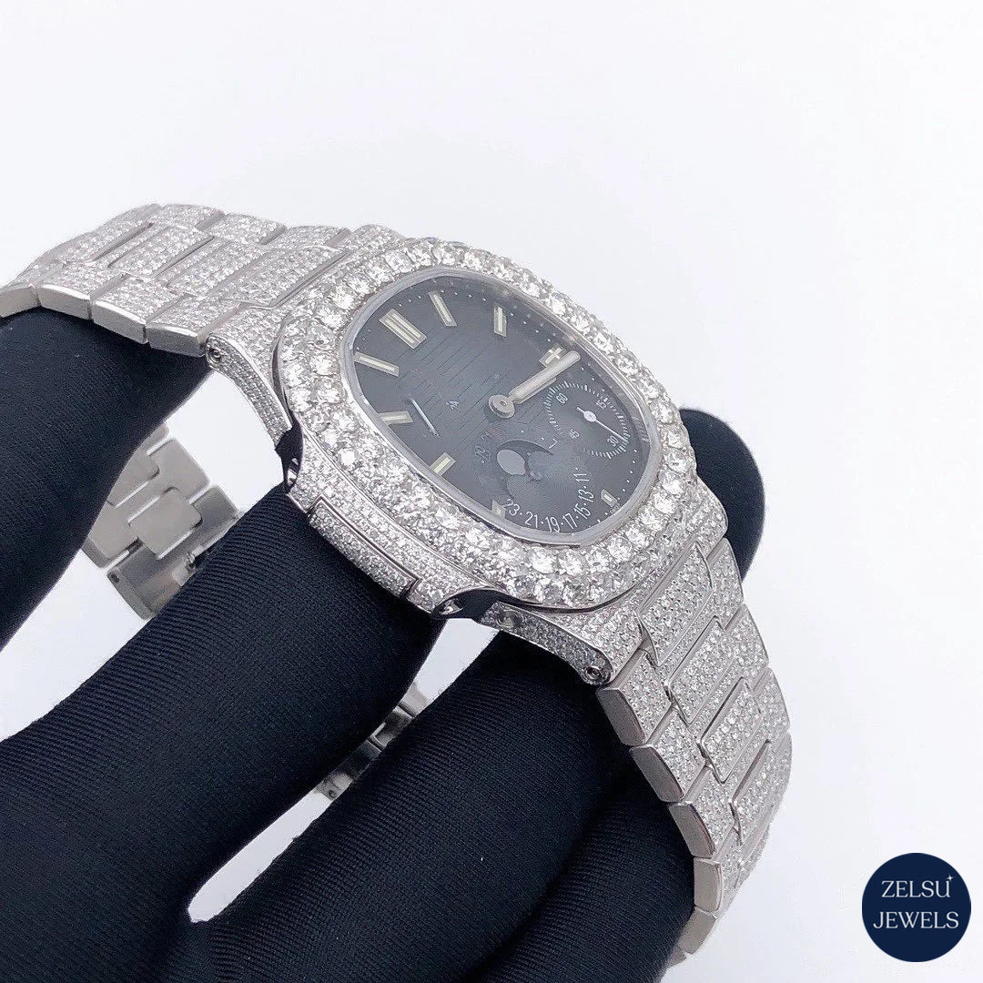 Luxury blue crystal diamond watch with a unique sub-dial and diamond bezel for an exclusive design.