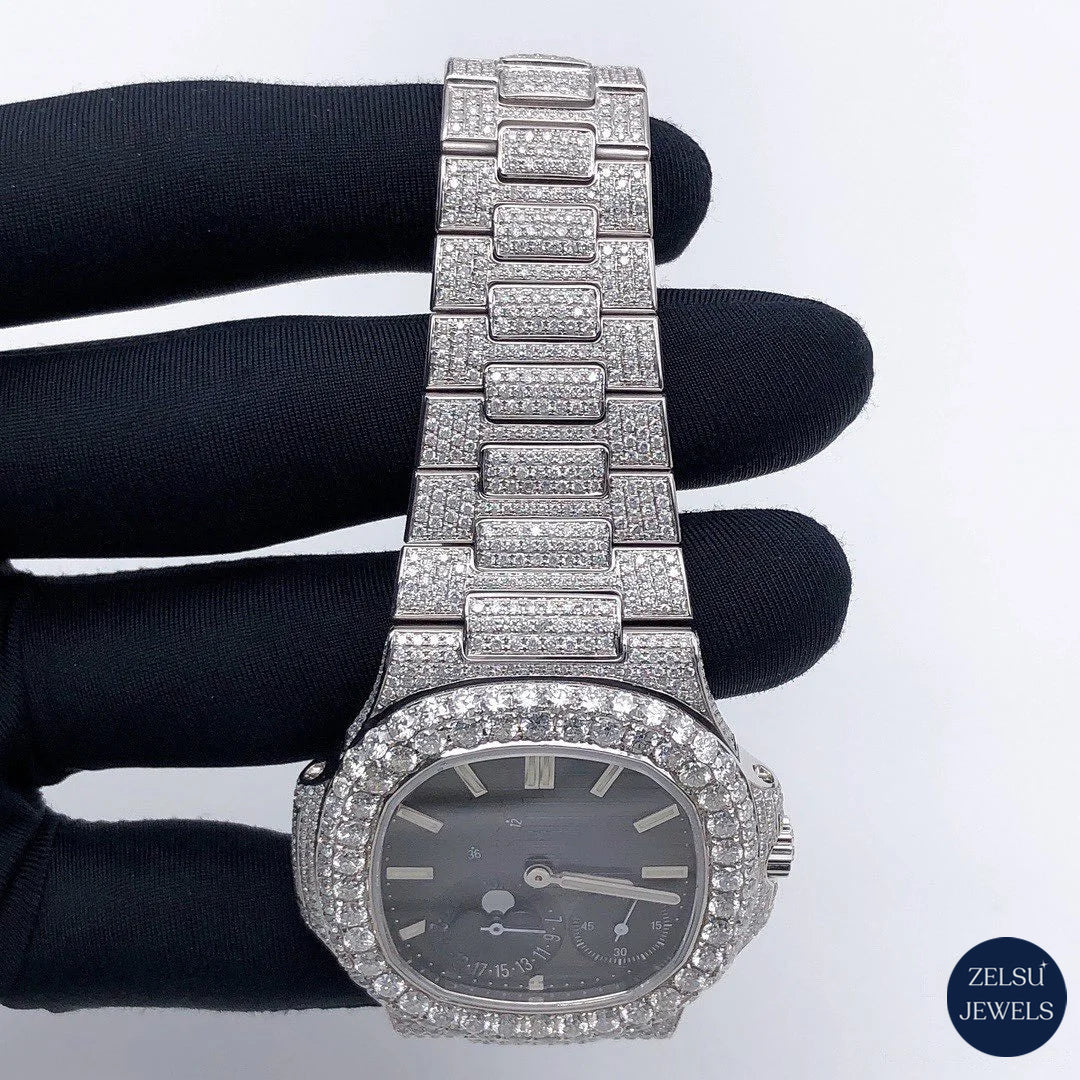 Sophisticated blue crystal diamond watch with sub-dial and radiant diamond accents for an opulent look.