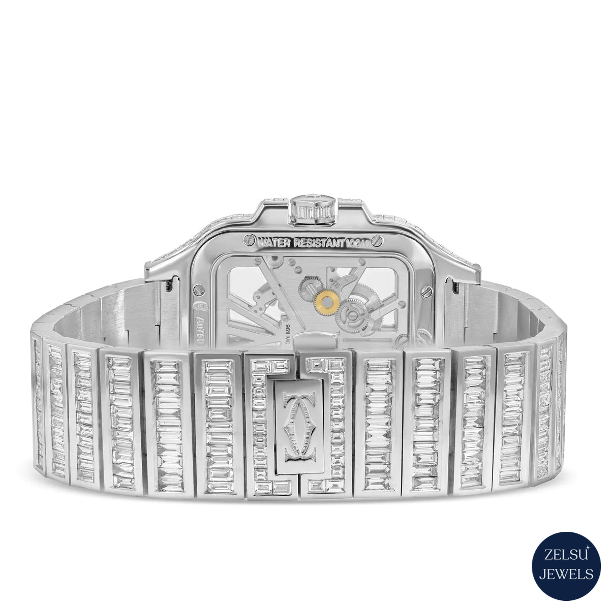 Stunning full emerald diamond silver watch, featuring radiant emerald diamonds for a luxurious look.
