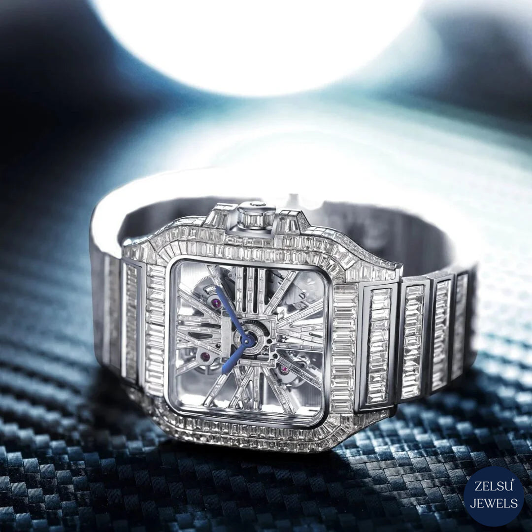 Exquisite full emerald diamond silver watch, combining high-quality diamonds with sleek silver finish.