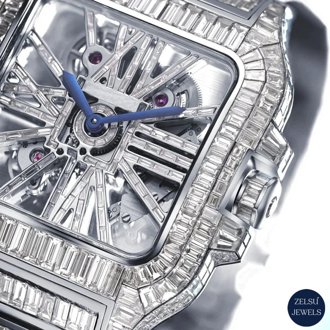 Elegant silver watch with full emerald diamond embellishments, perfect for those seeking luxury.