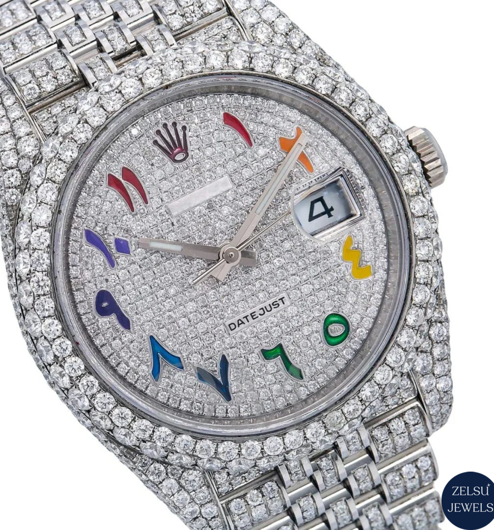 Unique Rolex silver bust-down watch with a dazzling rainbow dial and flawless diamond embellishments.
