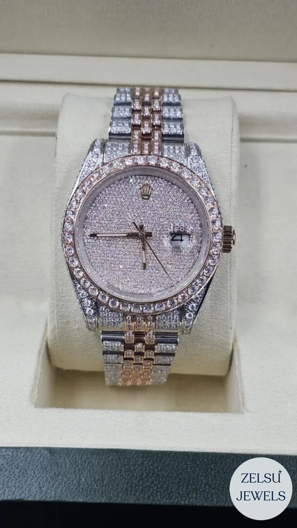 Two-tone moissanite diamond watch with sparkling diamond bezel, offering a refined and timeless design.