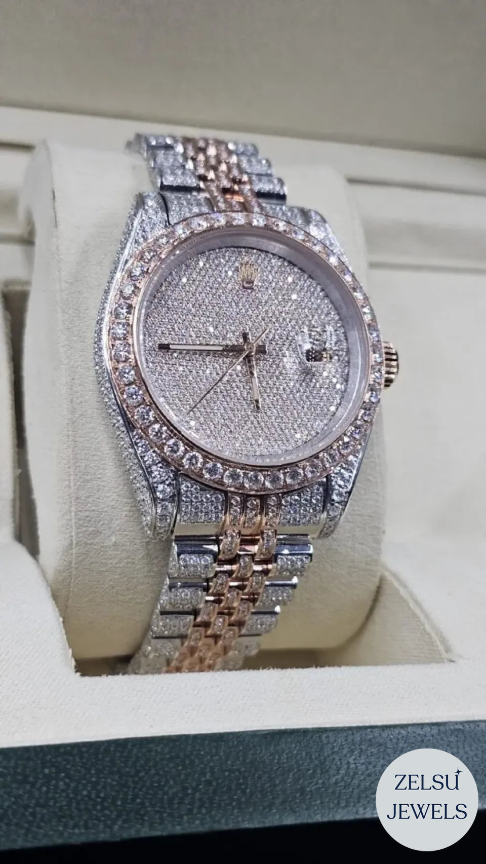 Elegant two-tone moissanite diamond watch, featuring a dazzling diamond bezel and premium craftsmanship.