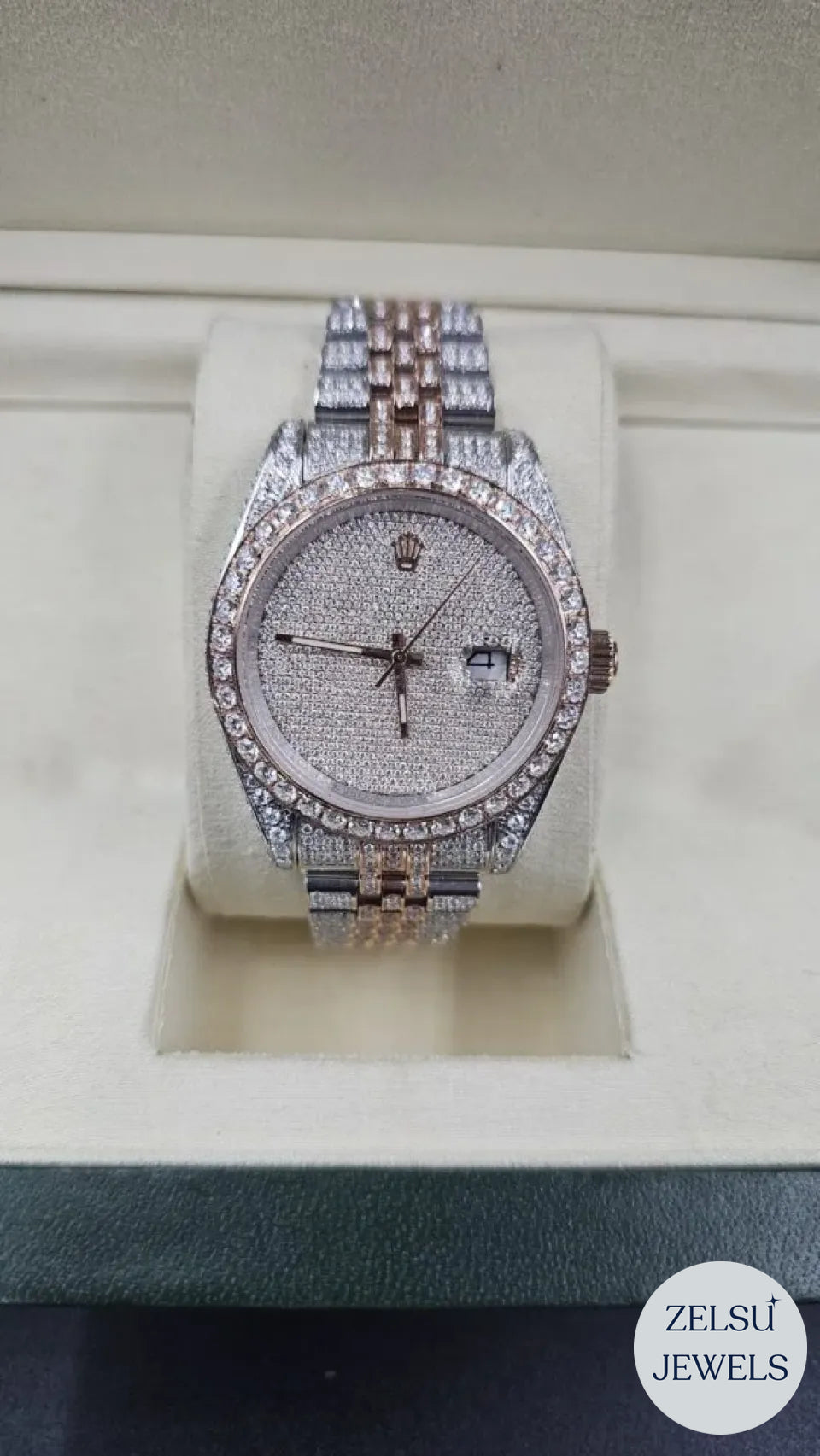 Sophisticated two-tone moissanite diamond watch with a radiant diamond bezel, perfect for luxury watch lovers.