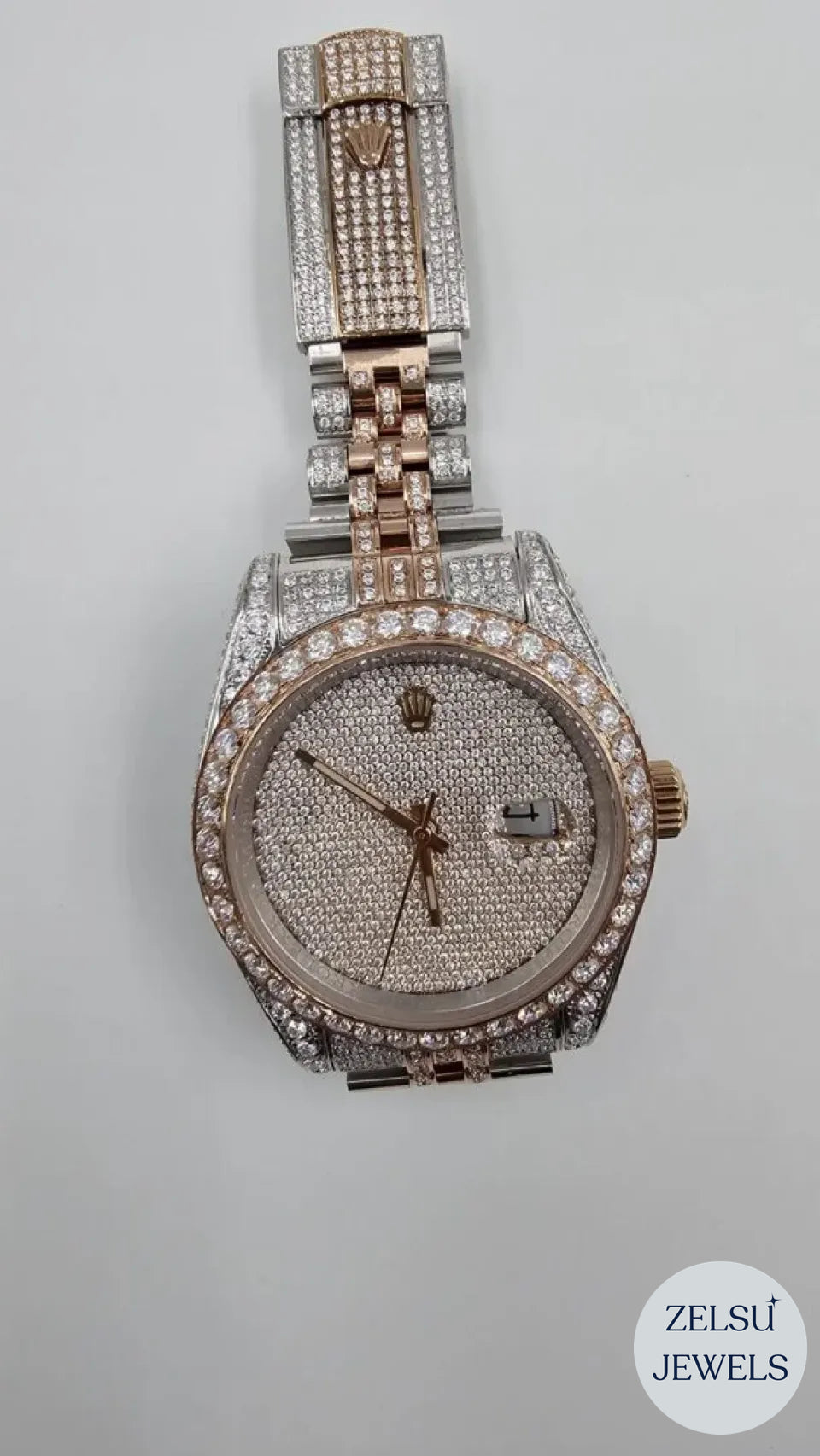 Timeless two-tone moissanite diamond watch with a stunning diamond-encrusted bezel for a luxurious look.