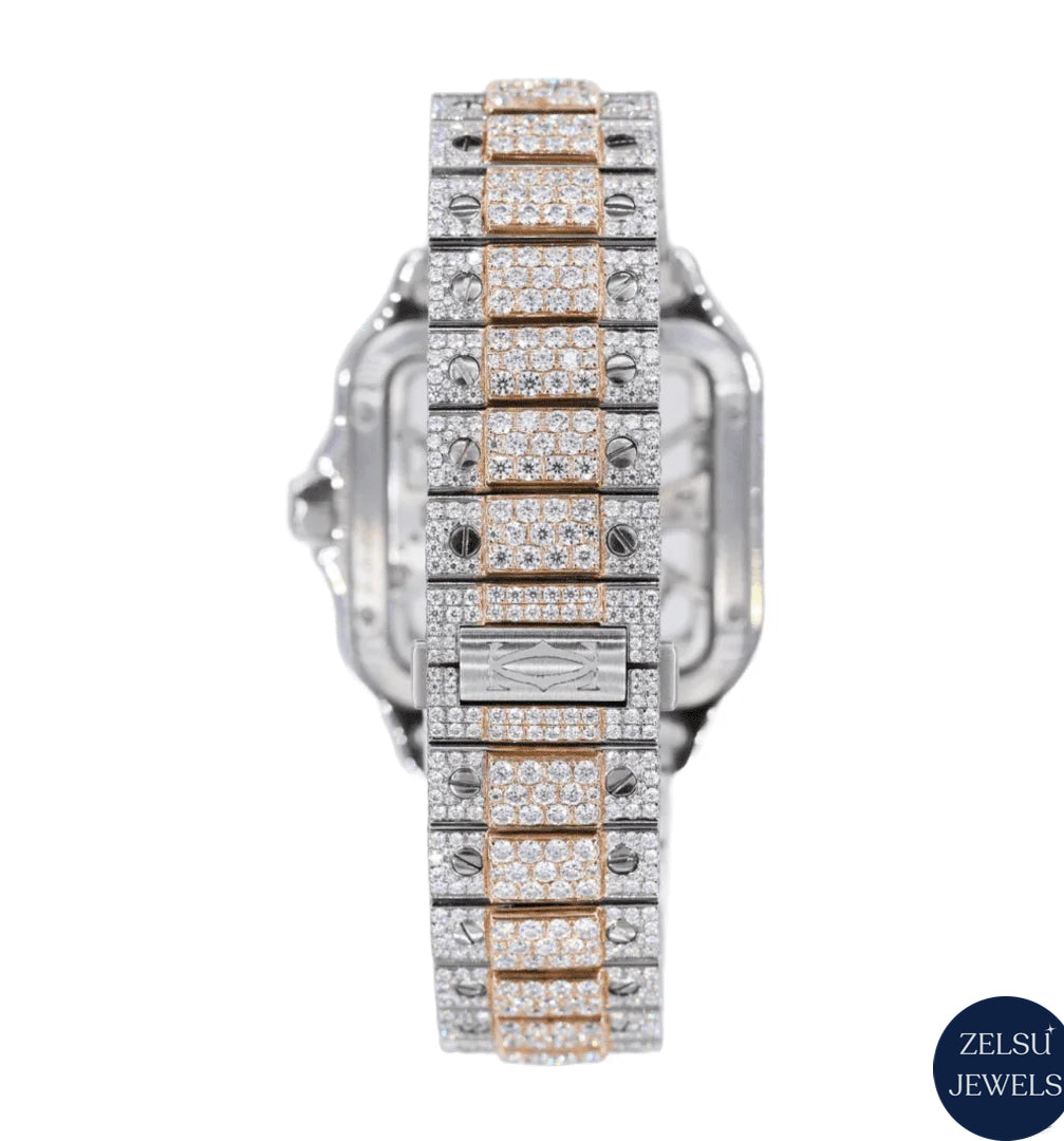 Sophisticated two-tone moissanite diamond watch with automatic movement, adorned with radiant diamonds.