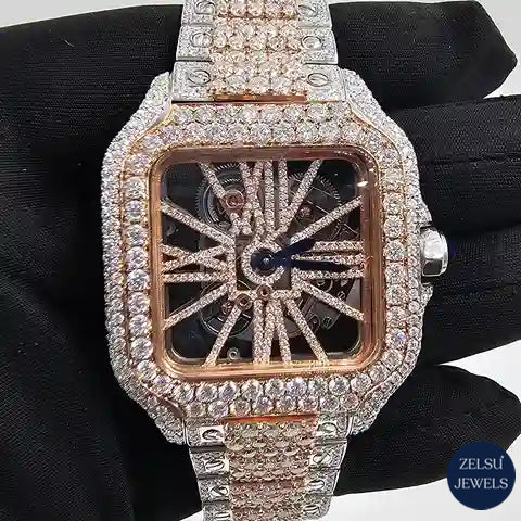 Two-tone moissanite diamond watch with automatic movement, combining luxury diamonds with high-quality craftsmanship.