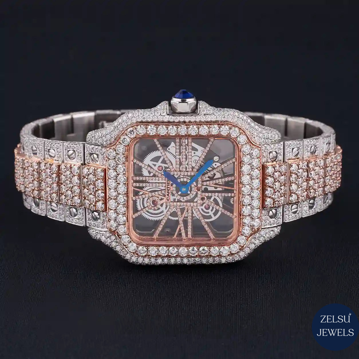 Exquisite two-tone moissanite diamond watch, offering automatic movement and a stunning diamond-encrusted design.
