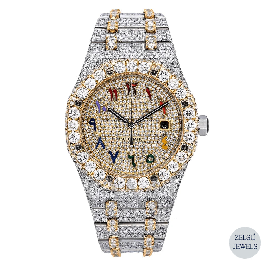 Luxury two-tone moissanite watch featuring a stunning rainbow dial for a unique and colorful design.