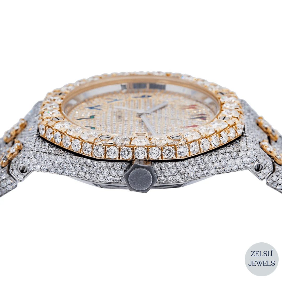 Timeless two-tone moissanite watch with a dazzling rainbow dial, combining classic design with vibrant colors.