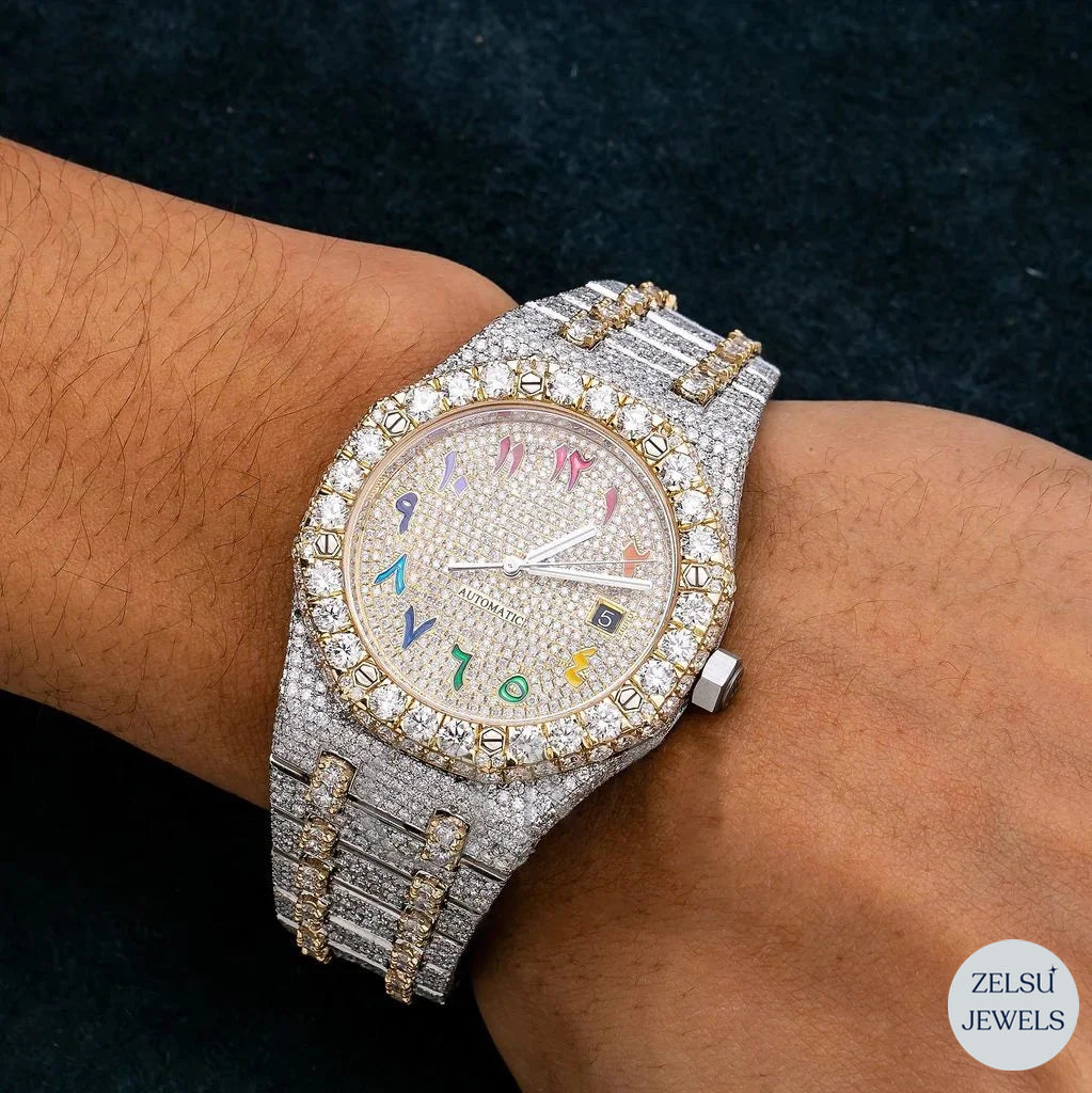 Elegant two-tone moissanite watch with a striking rainbow dial, adding a pop of color to your wrist.
