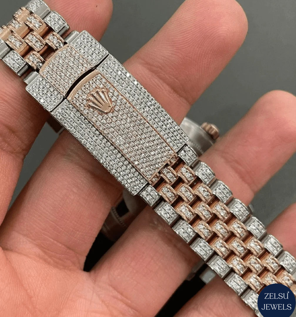 Luxury Rolex moissanite diamond watch with diamonds and original box and papers for collectors and enthusiasts.