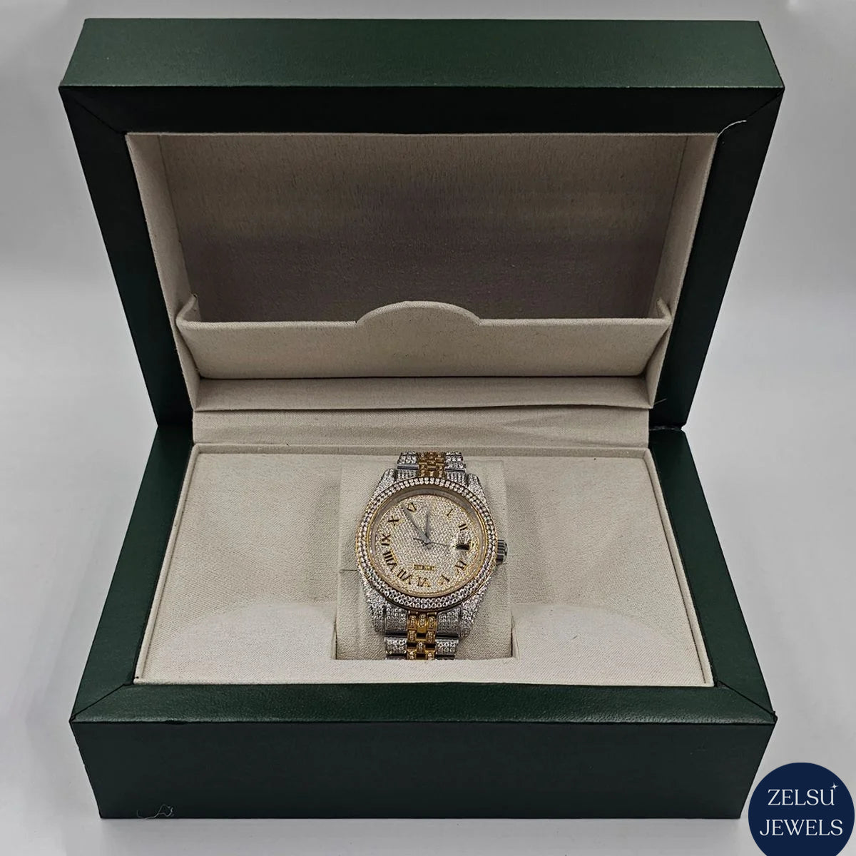 Rolex moissanite diamond watch with a premium diamond-encrusted design, complete with original box and papers.