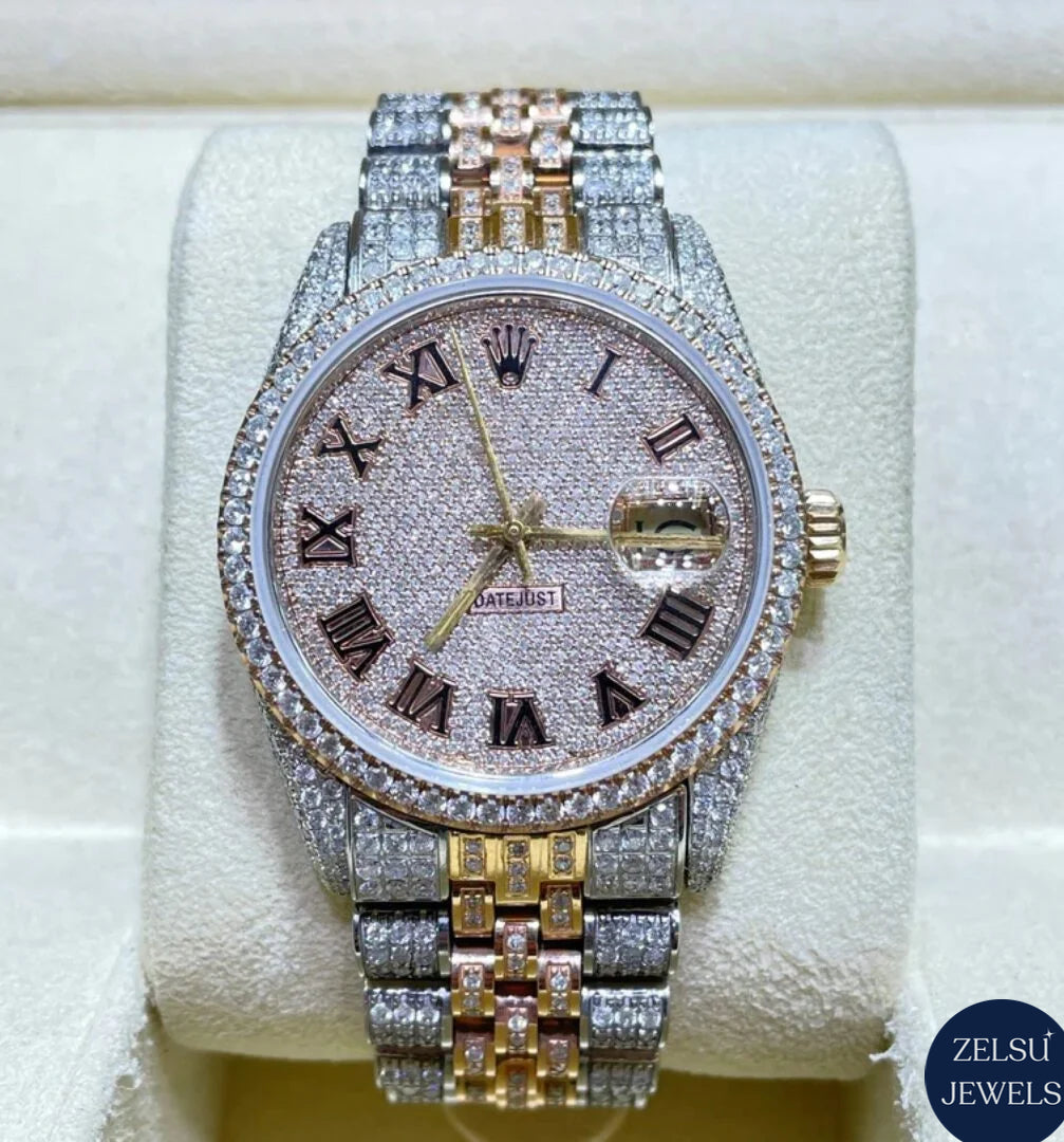 Stunning Rolex moissanite diamond watch, featuring sparkling diamonds and accompanied by original box and papers.