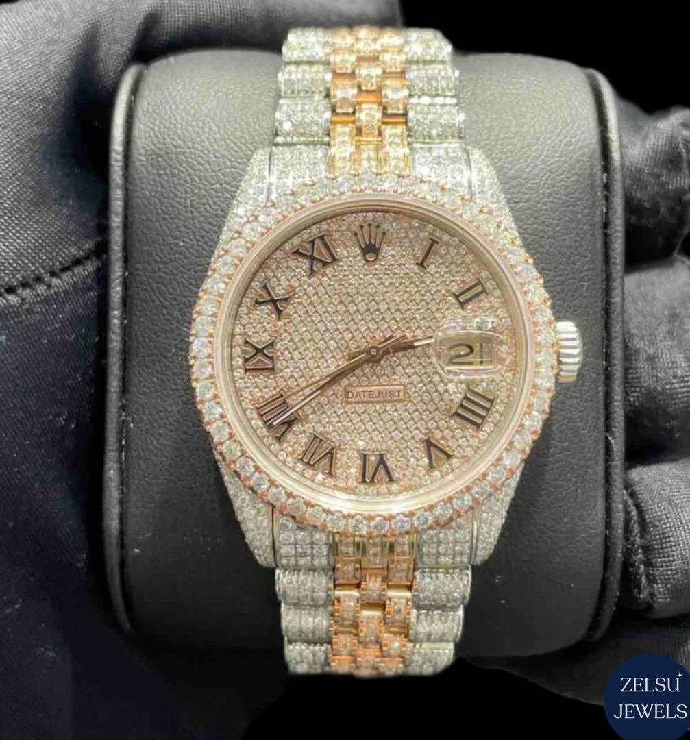 Rolex moissanite diamond watch with flawless diamond accents, offered with the original box and papers for authenticity.