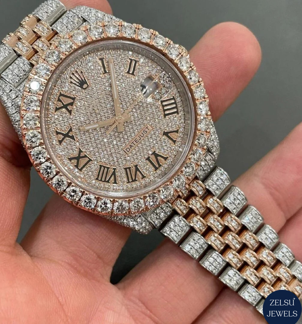 Exquisite Rolex moissanite diamond watch, featuring luxurious diamonds and original box and papers for added value.