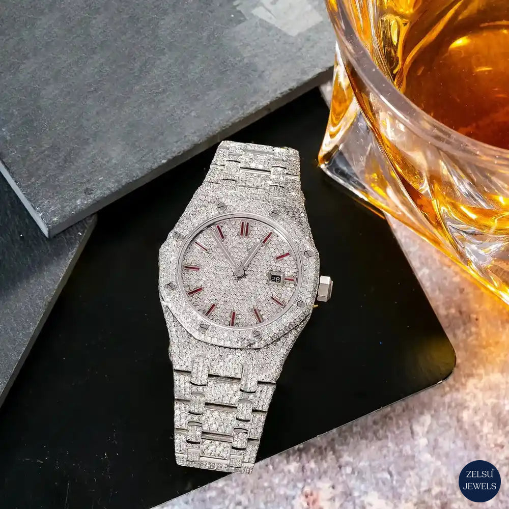 Stunning silver diamond watch with a bold red dial and diamond-encrusted bezel for a chic look.