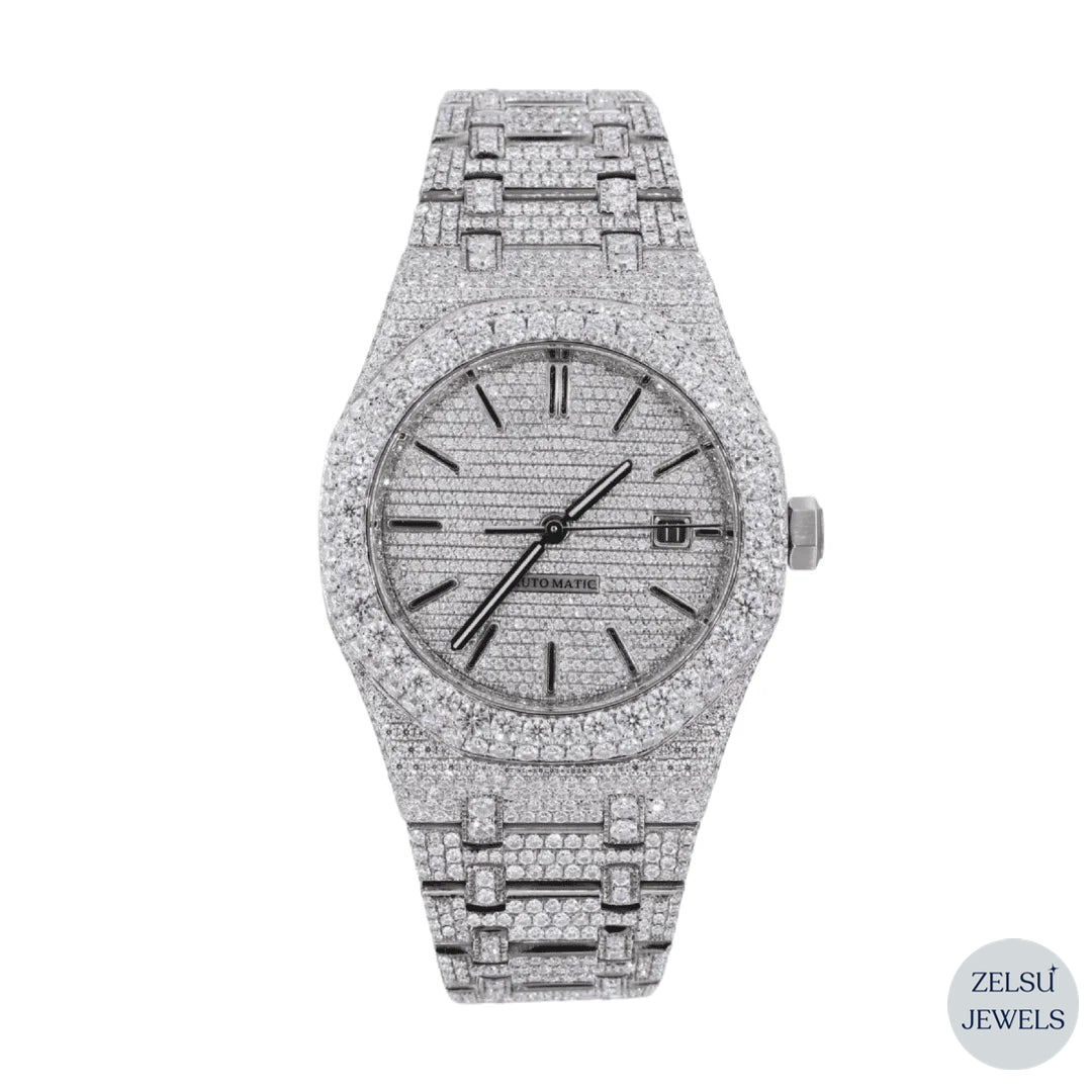 Timeless silver diamond watch with flawless diamonds, combining luxury with precision Swiss movement.