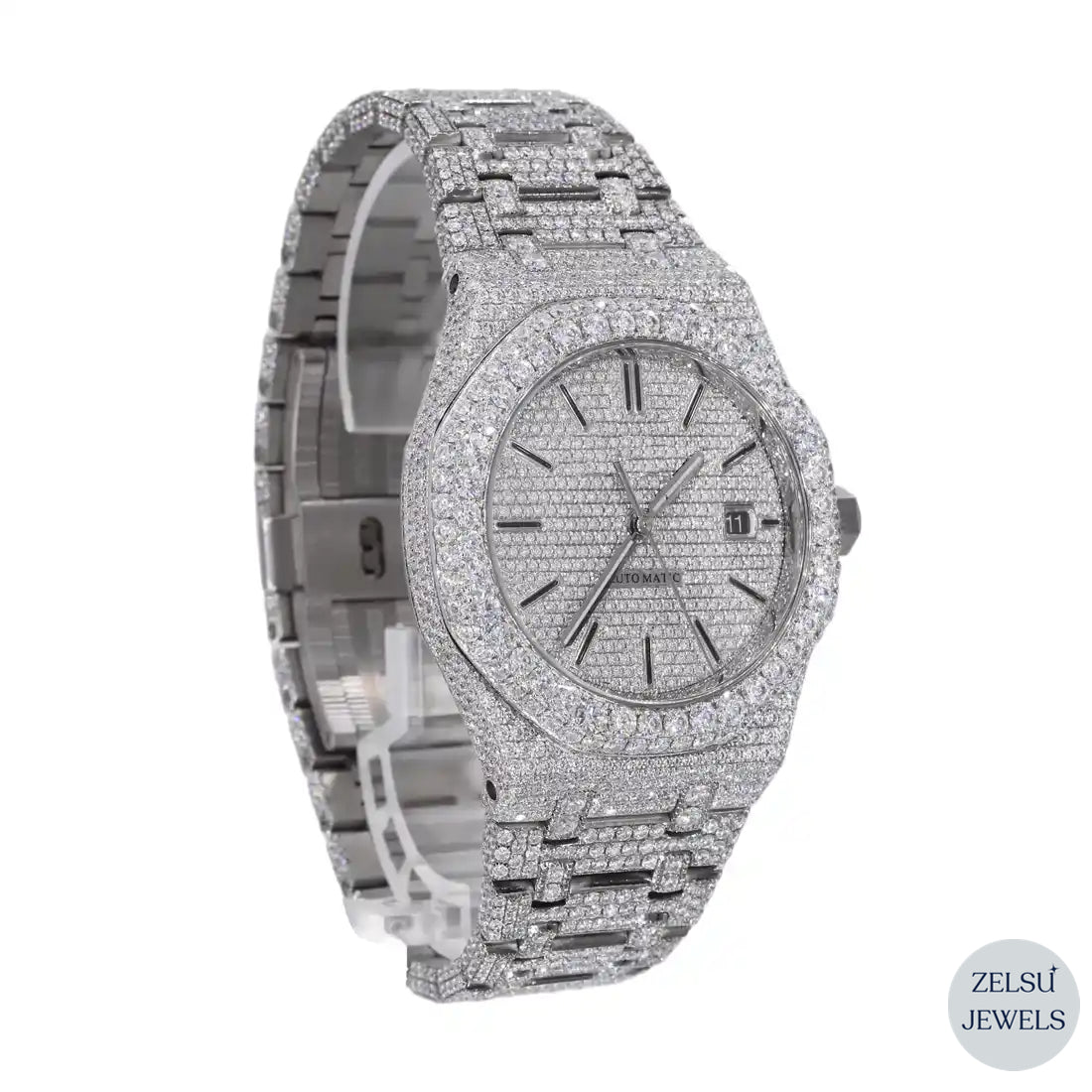Elegant silver diamond watch with radiant diamonds and sleek design, perfect for any special occasion.