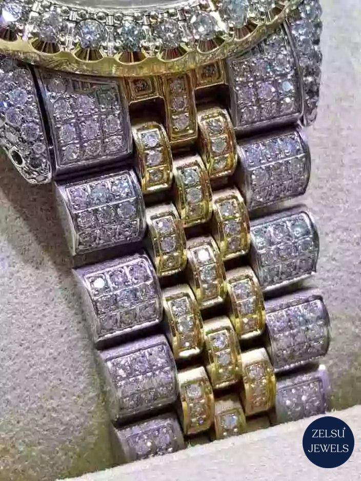 Sophisticated bust-down diamond watch with VVS diamonds and moissanite diamond detailing, perfect for luxury collectors.