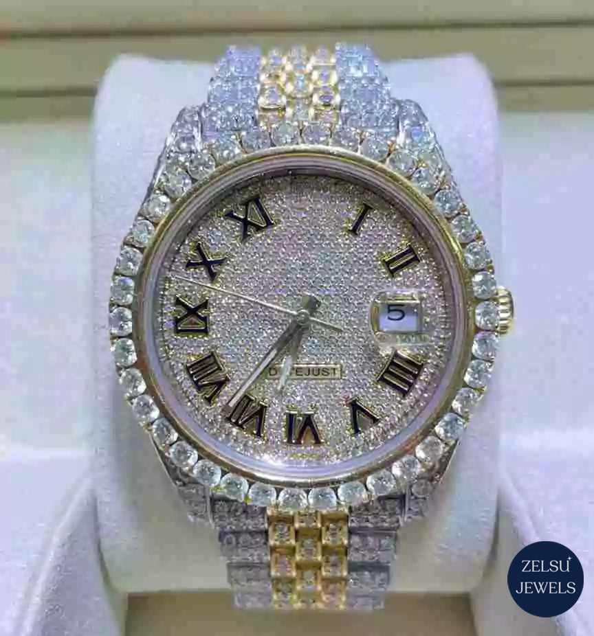 Bust down diamond watch with VVS diamonds and moissanite diamond accents, combining luxury and brilliance.