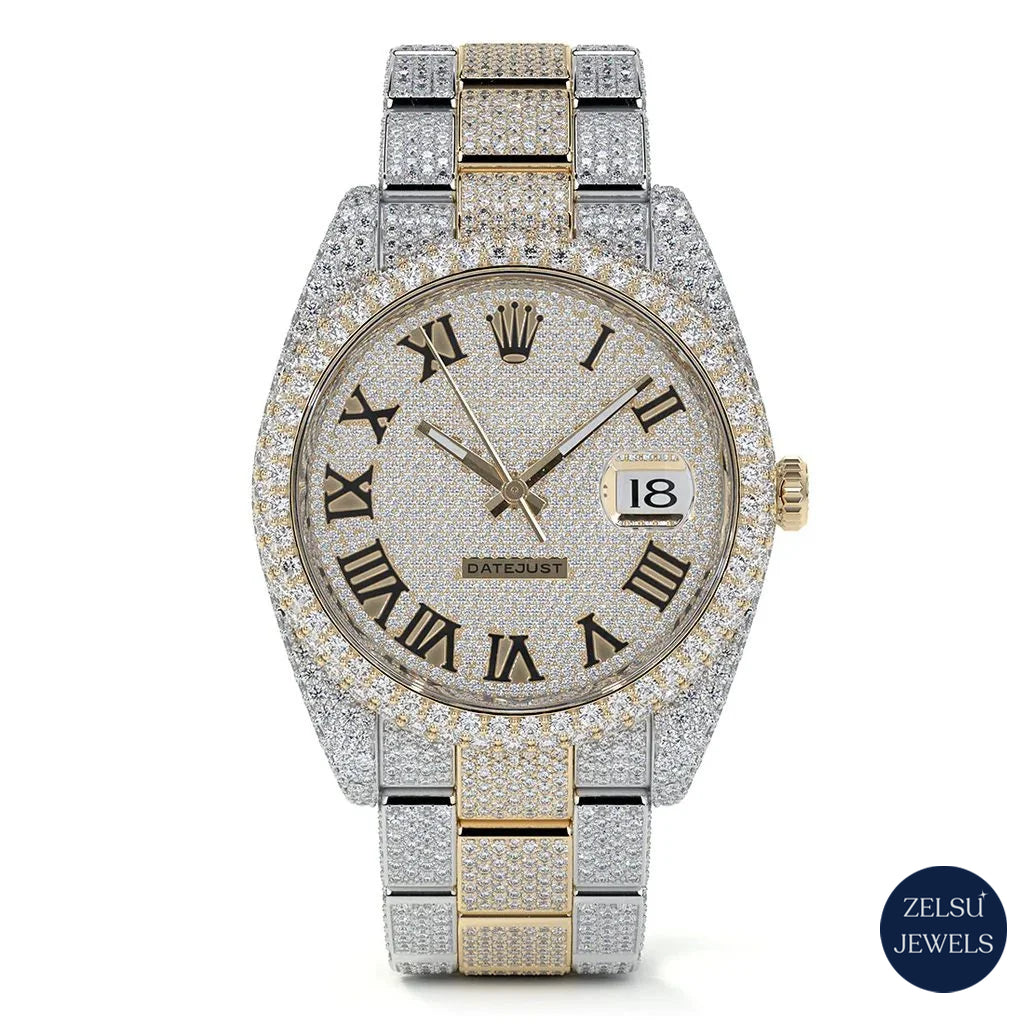 Exquisite two-tone Rolex watch with a fully bust-down diamond design, combining classic style with brilliance.