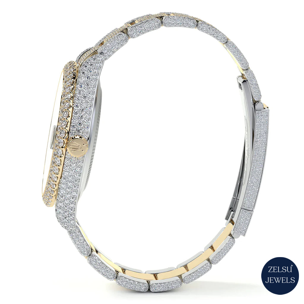 Rolex two-tone watch with a diamond-encrusted bust-down design, perfect for those seeking luxury and opulence.