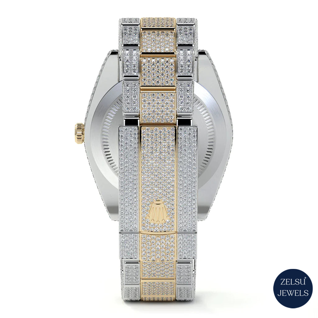 Sophisticated two-tone Rolex watch featuring a diamond bust-down design for a luxurious and bold look.