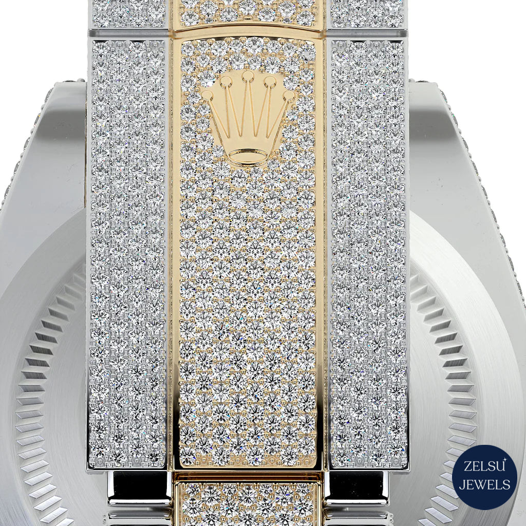 Two-tone Rolex watch with a bust-down diamond design, offering unmatched elegance and stunning shine.