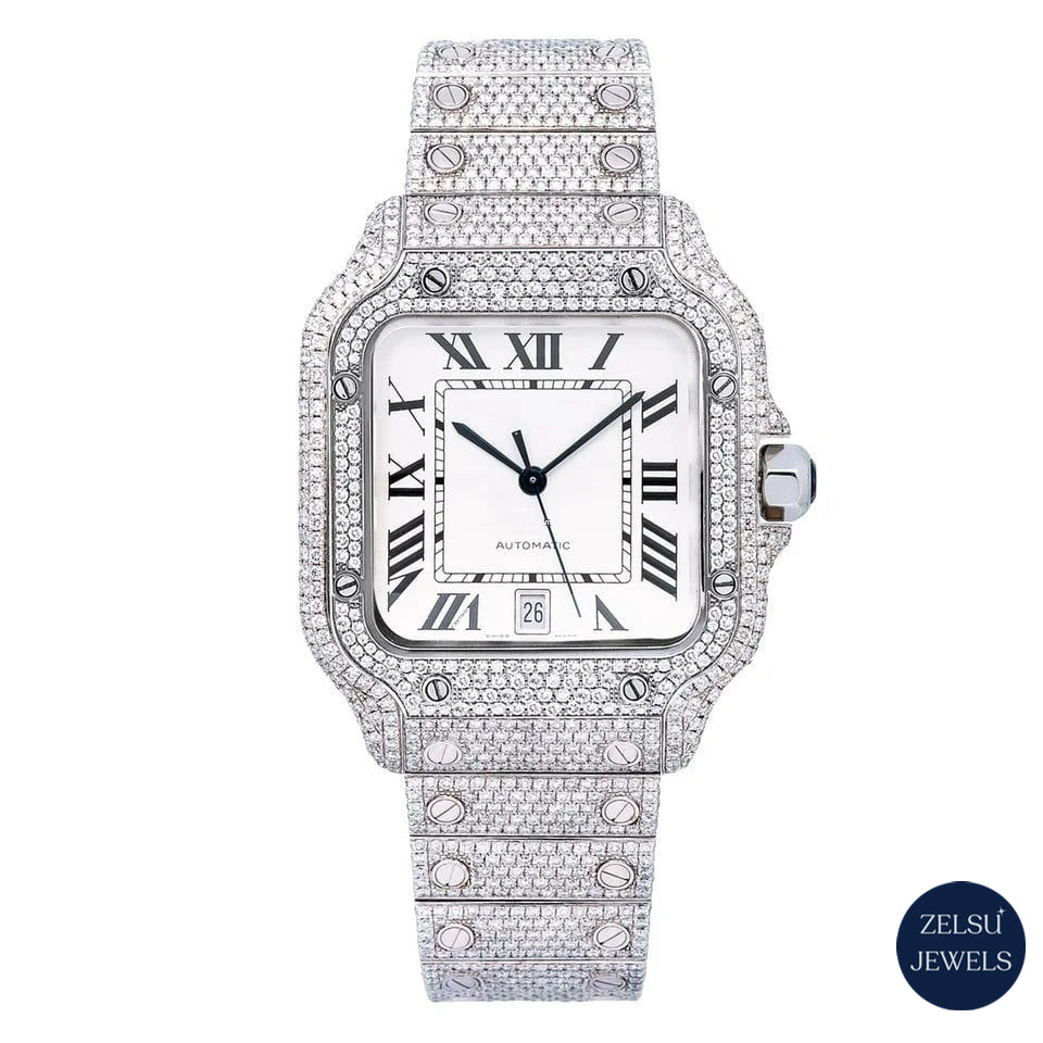 Sophisticated Cartier diamond watch with radiant diamonds, combining luxury and precision for an elite timepiece.
