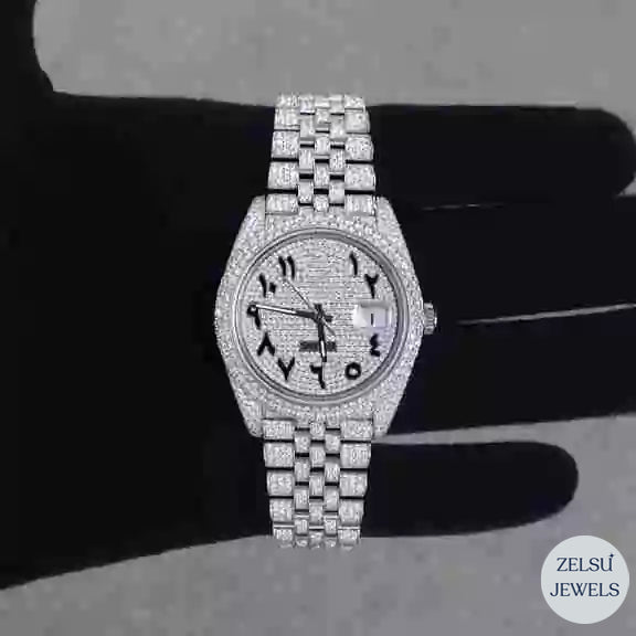Sophisticated Roman diamond silver watch, combining luxurious diamonds with Roman numeral hour markers.