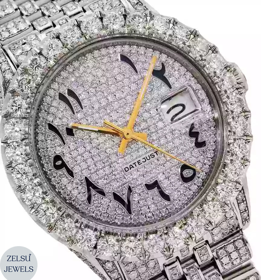 Luxury Roman numeral silver diamond watch, offering timeless elegance with dazzling diamond accents.