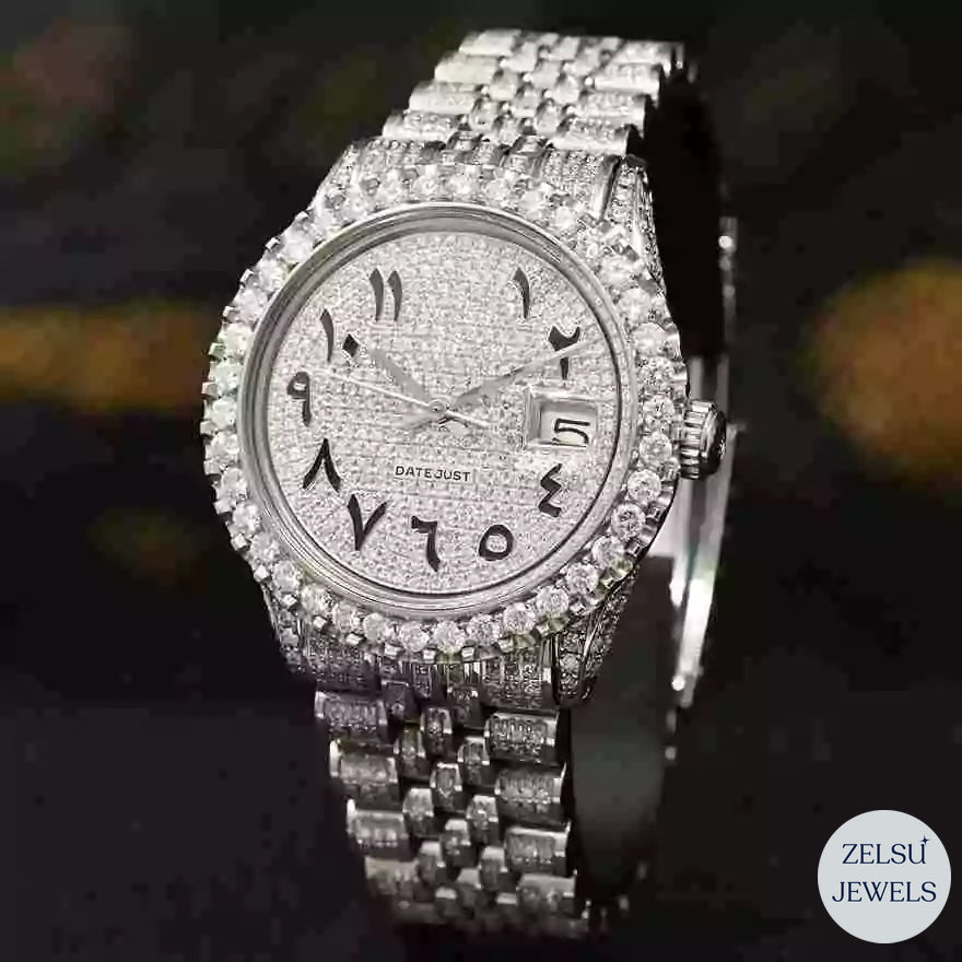 Roman diamond silver watch, featuring sparkling diamonds and an elegant design with Roman numeral details.