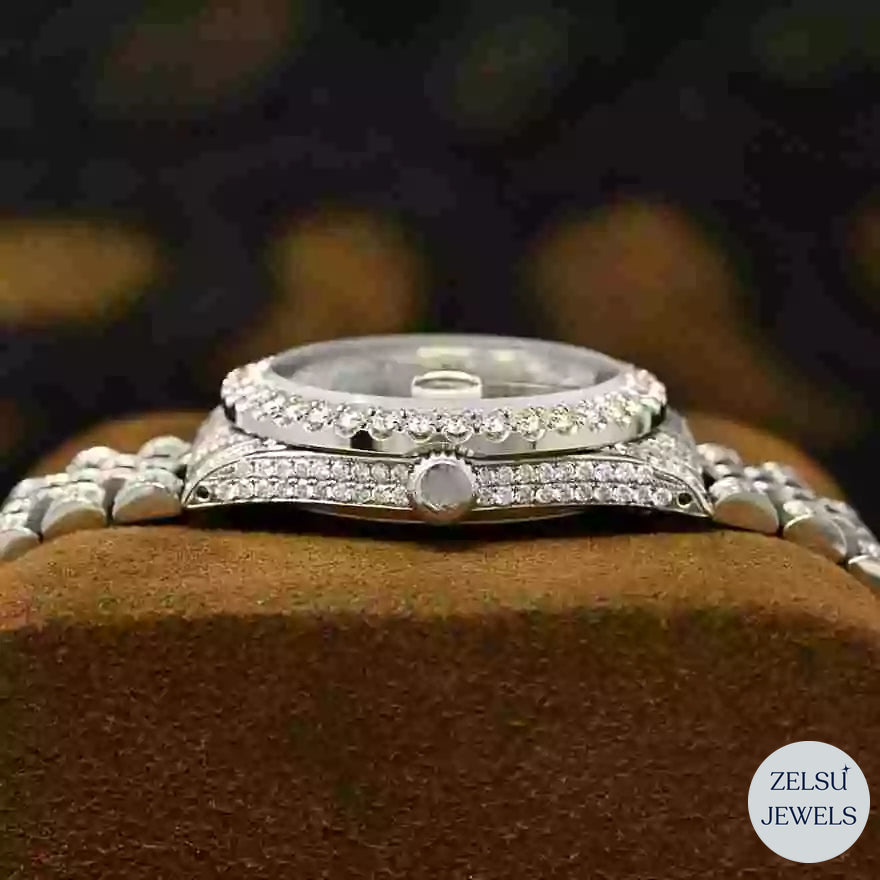 Exquisite Roman diamond silver watch, offering both luxury and a unique Roman numeral design with radiant diamonds.
