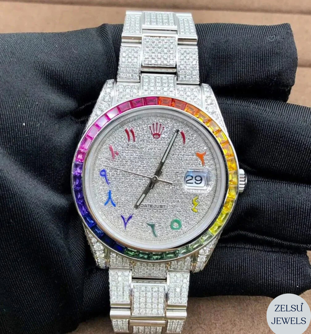 Exquisite silver moissanite watch, featuring a stunning rainbow dial and bezel for a unique and bold appearance.